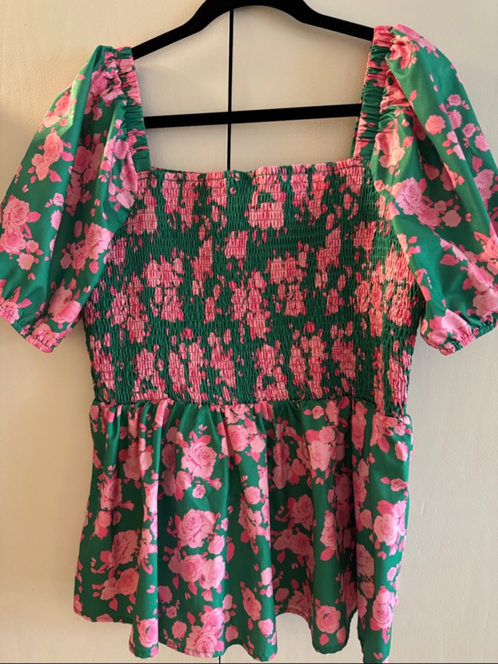 JODIFL Green & Pink Floral Smocked Square-Neck Peplum Top - Picture 3 of 3